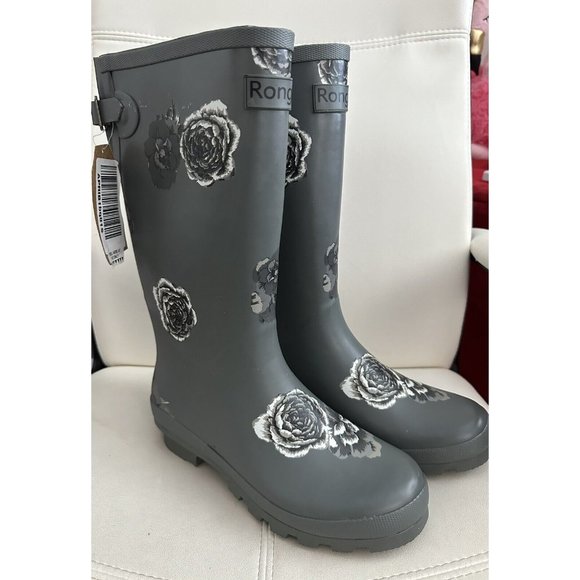 Rongee Women's Rubber Rain Boots Gray Rose Floral Tall Adjustable Buckle SZ 10 - Picture 1 of 8